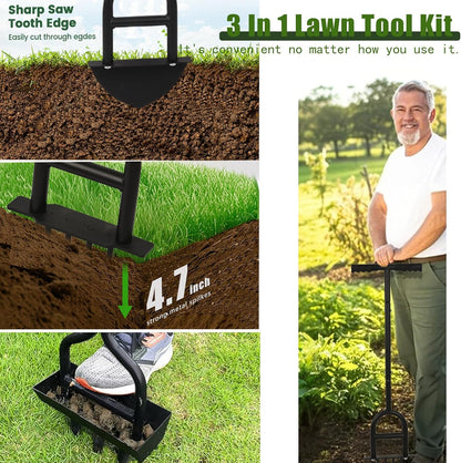 Lawn Aerator Garden Tool with Soil Core Tray, 3 in 1 Manual Grass Plug Air Aerator with Spike Tool and Half Moon Edging Tool, Coring Aeration for Lawn Yard Care