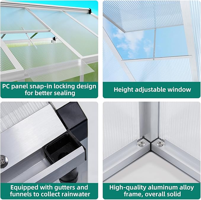 6x10 ft Greenhouse, Large Aluminum Greenhouses for Outdoors, Heavy Duty Polycarbonate Greenhouse with Roof Vent, Walk-in Green Houses for Winter Garden, Backyard, Patio, Lawn, Easy Assembly