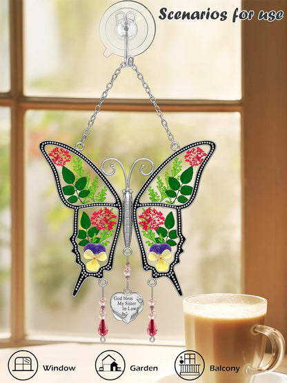 KY&BOSAM Gifts for Sister God Bless My Sister in-Law Butterfly Suncatcher Stained Glass Suncatchers for Window with Real Dried and Pressed Flowers Heart Charm Mother`s Day Birthday