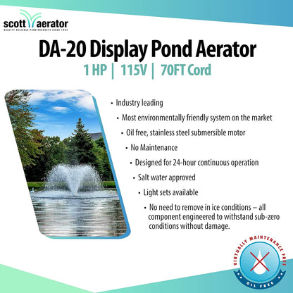 Scott Aerator DA-20 Display Pond Aerator - 1 Horse Power 115V 70ft Cord | Aerating Pond Fountain for up to 1 Acre Ponds | Pond Aerator Pump for Small Ponds | Pond Aeration Systems