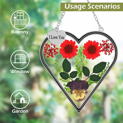 KY&BOSAM Heart Suncatcher I Love You Stained Glass Wind Chime for Windows Pressed Flower Between Heart in Glass and Metal Engraved Charm Birthday Gift for Women Mom Mother's Day Valentine's Christmas