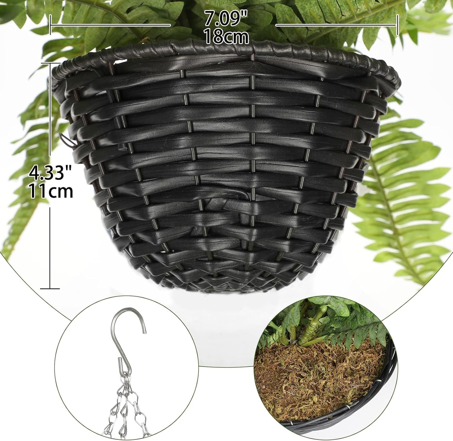 Hollyone 21" Artificial Boston Fern Hanging Basket 31 Leaves Fake Ferns in Rattan Pot Medium Greenery Plants for Outdoors & Indoor Faux Fern Bush Basket Plant Patio Garden Home Decor Green