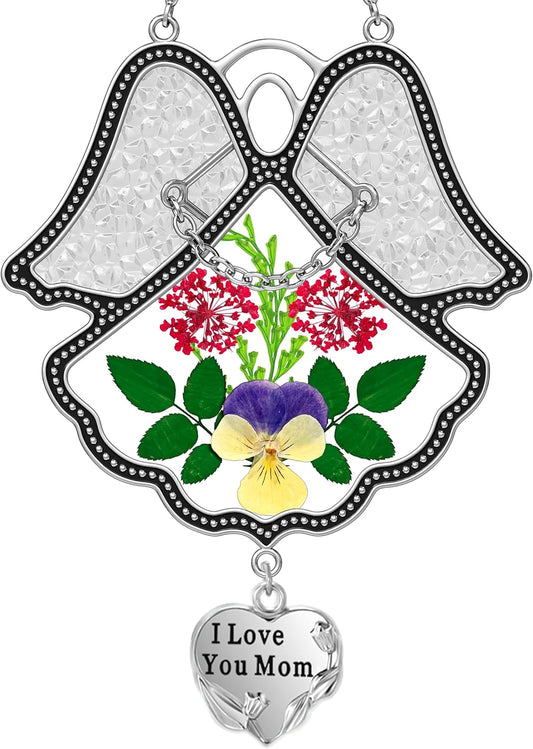 KY&BOSAM Angel Suncatcher I Love You Mom Stained Glass Panels for Windows Wind Chime with Pressed