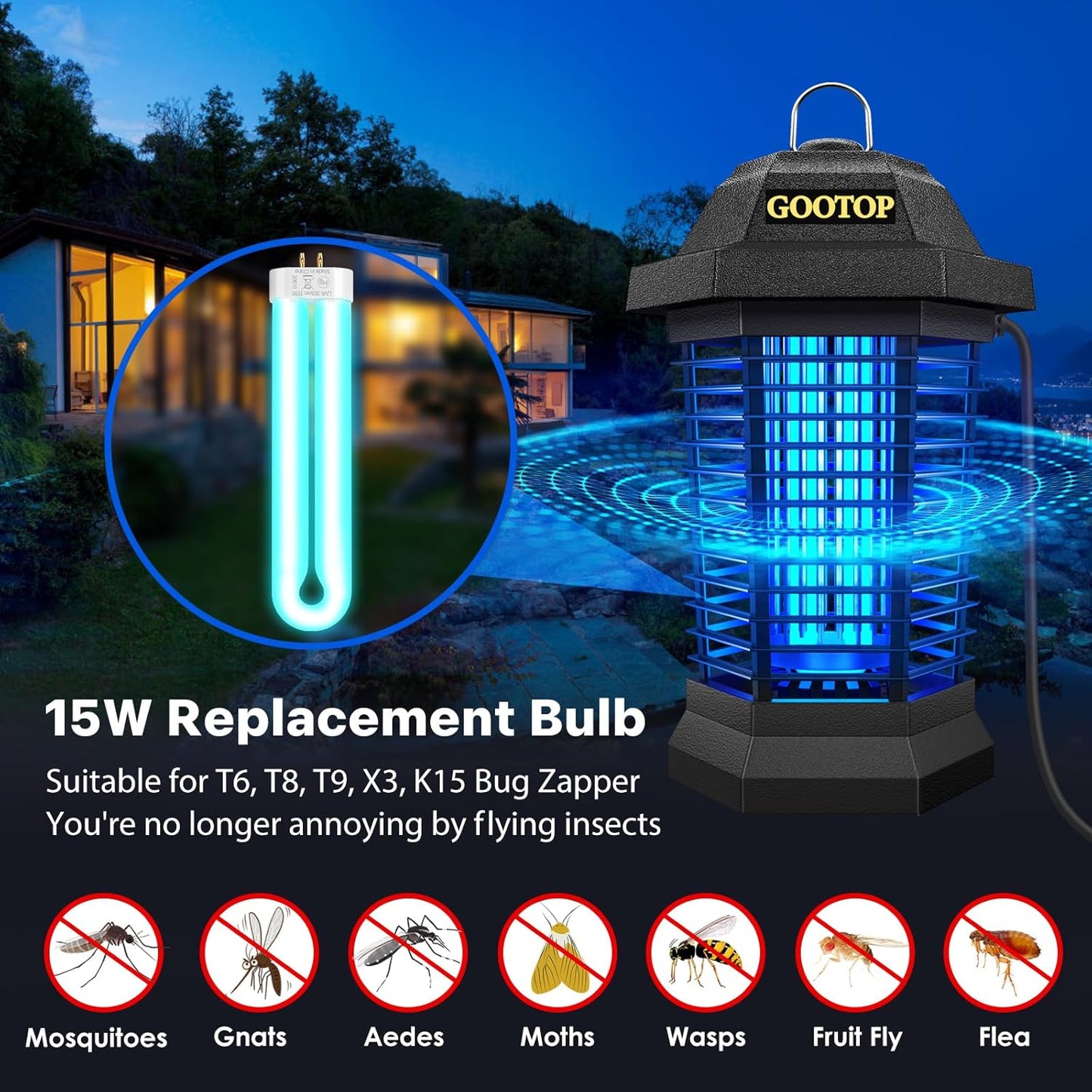 GOOTOP Replacement Bulb for Zap T6 Pro, K15, T9,X3 Bug Zapper, 15W, 4-Pin Base, U-Tube Bulb Twin Tube Bulb