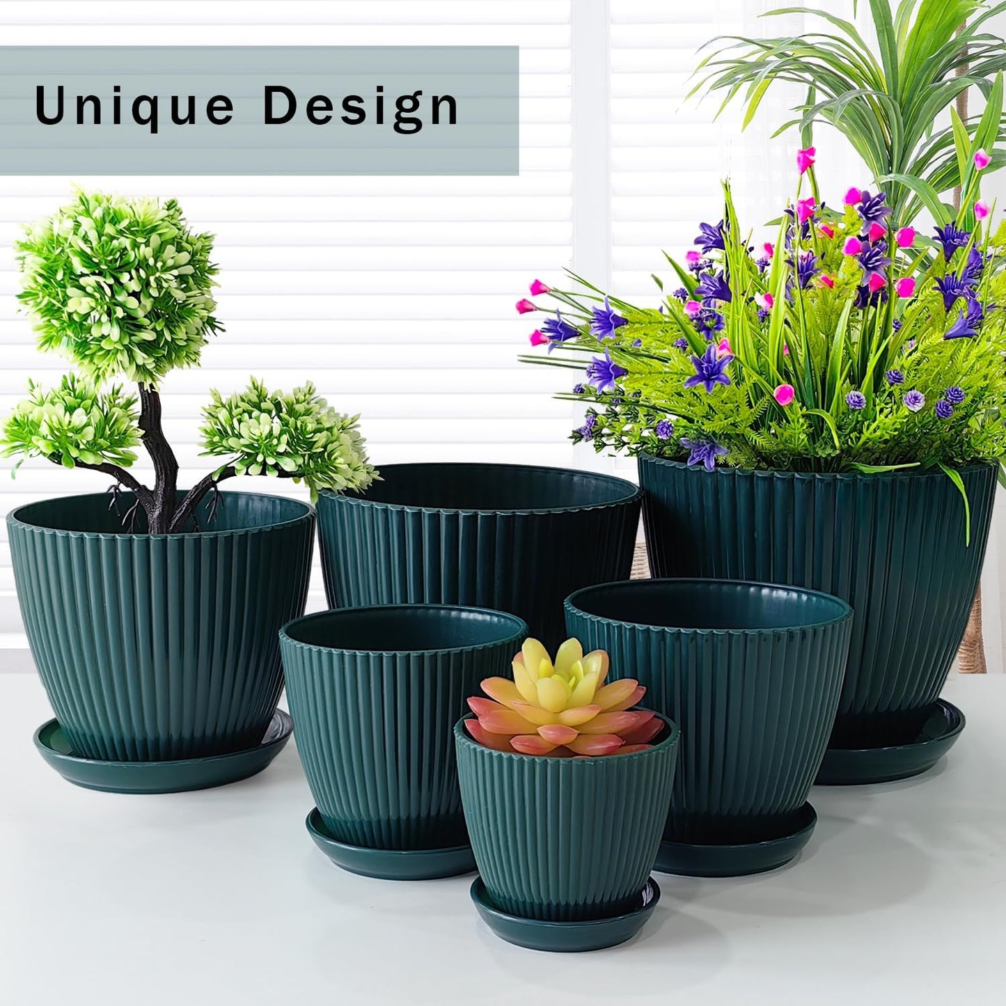 7.5/6.5/5.5/4.9/4.2/3.5 Inch Plant Pots with Saucers & Drain Holes - Indoor/Outdoor Flower Pots for Succulents, Herbs, Cactus - Modern Lightweight Durable Planter Set, Dark Green