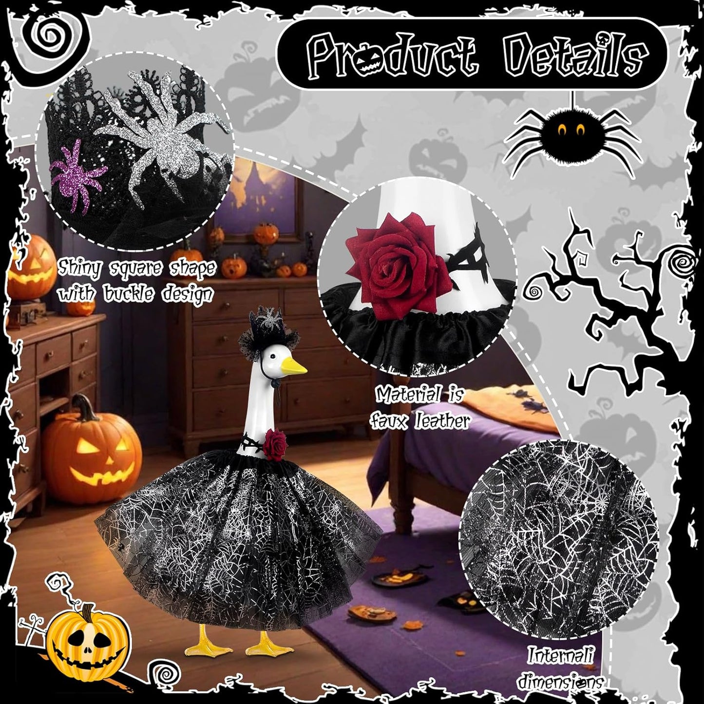Halloween Porch Goose Outfits and Goose Clothes Fits 23" Plastic Cement Statues, Black Goose Outfit Costume with Rose Necklace for Outdoor Patio Yard Lawn Party