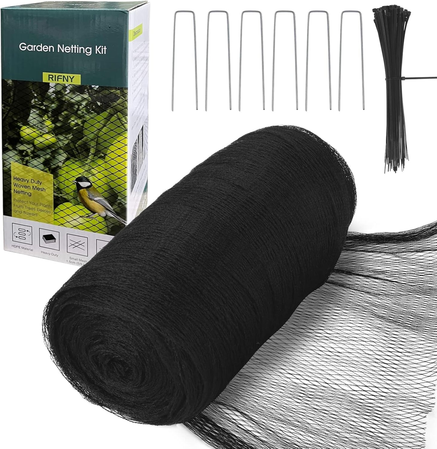 Bird Netting for Garden - 7.5 x 65 FT Heavy Duty Anti Bird Netting Mesh with Ties and Landscape Staples for Vegetable, Fruit Trees & Other Plants, Lasting Against Birds Deer Squirrels and Poultry