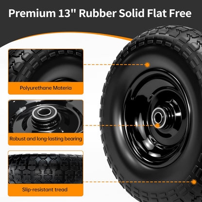 13" Flat Free Tire and Wheel,4.00-6 Wheelbarrow Wheels and Tires with 5/8" or 3/4" Bearings, 13"Solid Tires Replacement for Wheelbarrow, Gorilla Cart, Hand Trucks, Garden Carts 4 Pack
