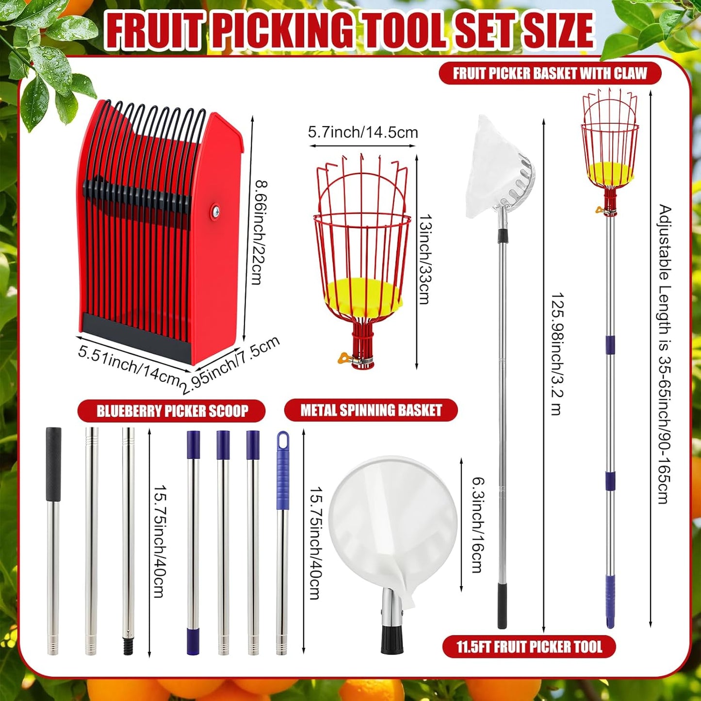 4 Pack Fruit Picker Pole Tools 11.5 ft Fruit Picker Pole with Basket Telescoping and 35-63 Inch Adjustable Apple Picking Tool Berry Rake Scoop and Storage Bag for Mango Lemon Orange Avocado
