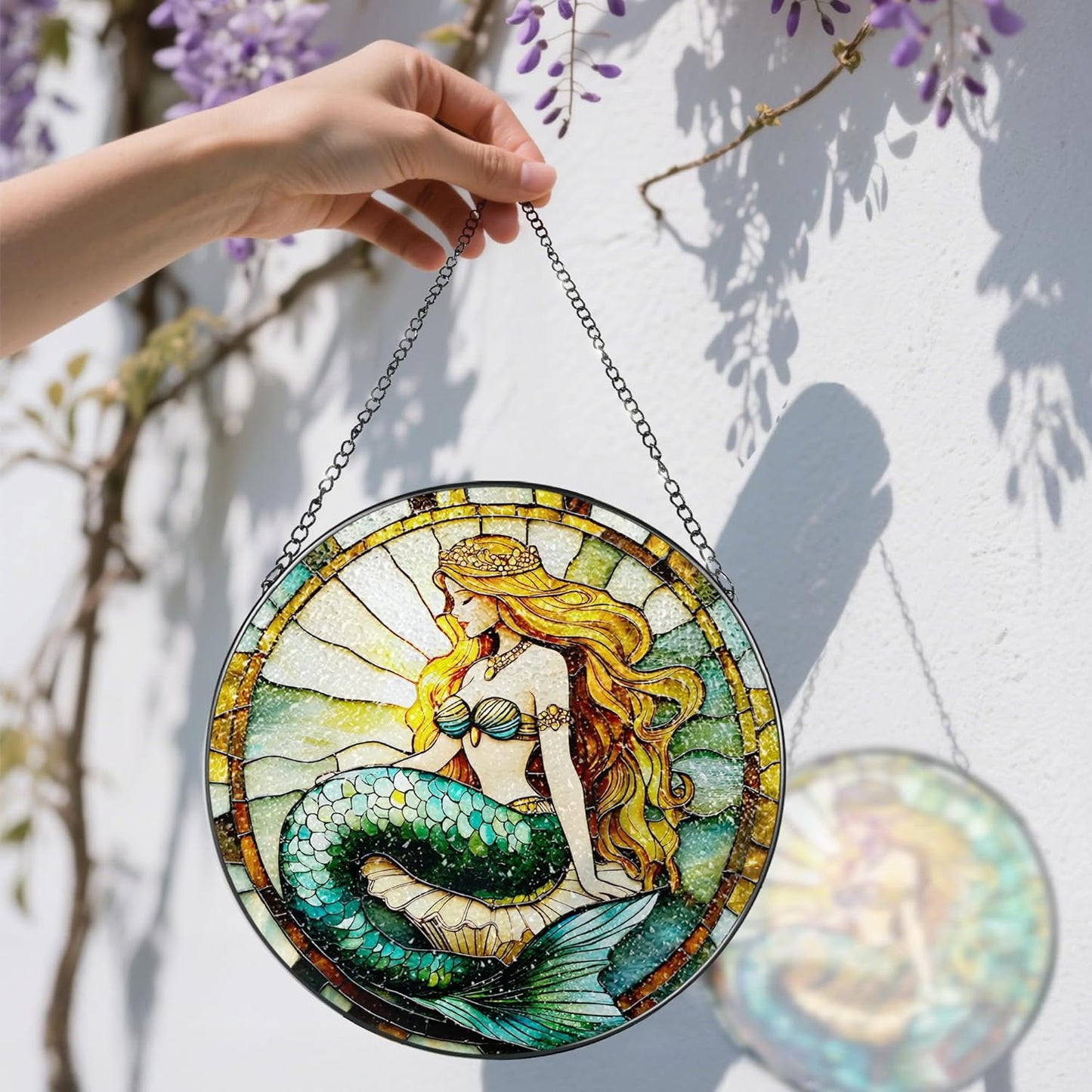 Stained Glass Window Hanging, 8 Inch Mermaid Suncatcher Stained Glass Ornament, Suncatchers for Windows Hanging, Sun Catchers Indoor Window, Mermaid Gifts, Gifts for Friends, Housewarming Gift