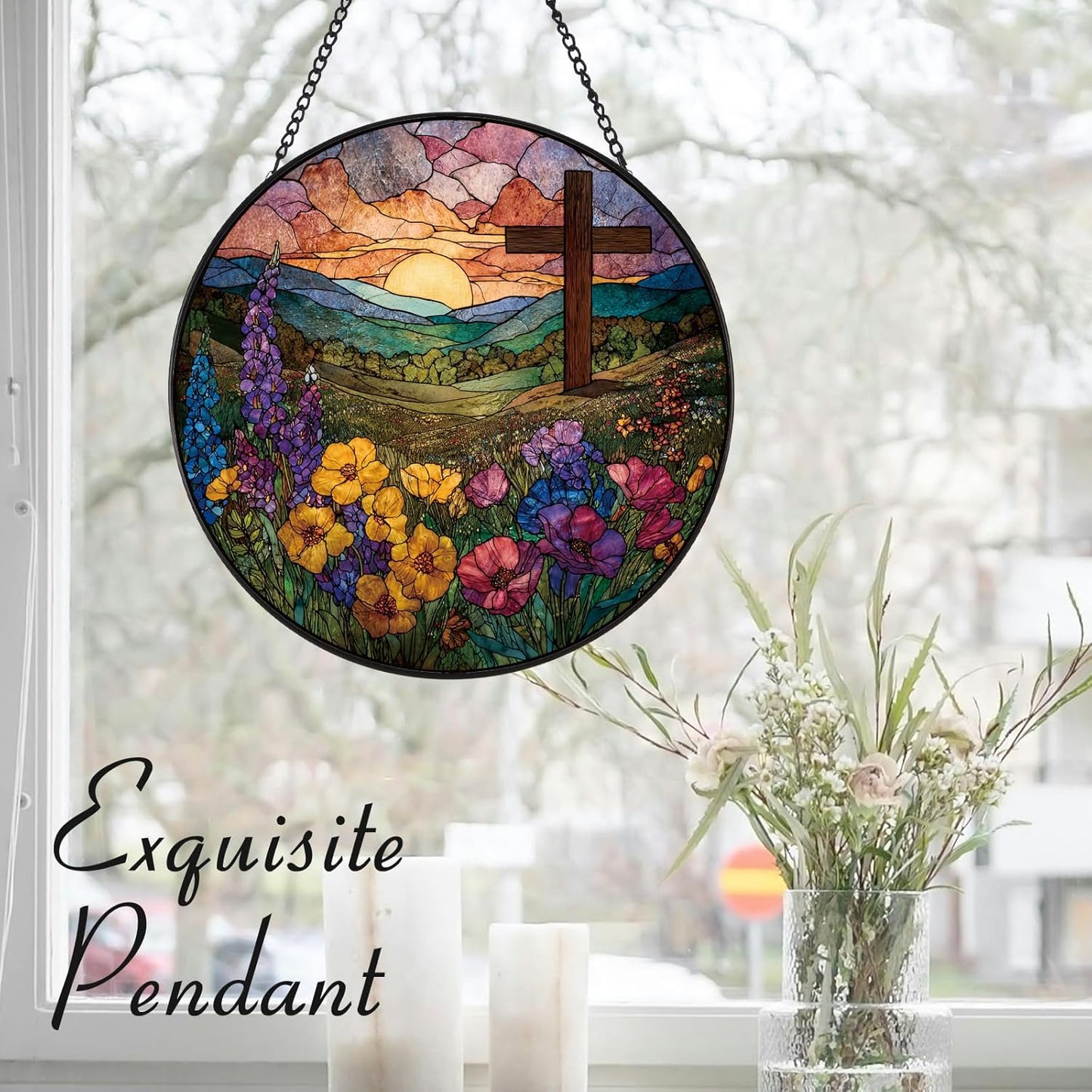 Wildflowers and Crosses Suncatcher -7.9 in Stained Glass Window Hanging Sun Catcher Garden Decor