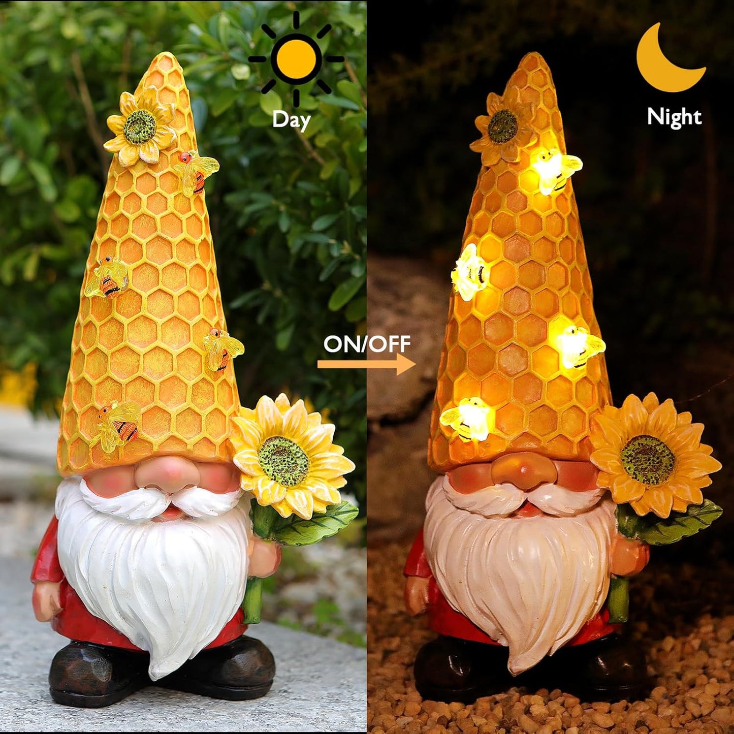 12.3''Garden Gnomes Outdoor Statues Clearance for Garden Decor with Solar Bee Lights,Christmas Gnomes Outdoor Decor - Sunflower Gifts for Women Mom,Yard Art Sculptures for Patio Lawn Yard