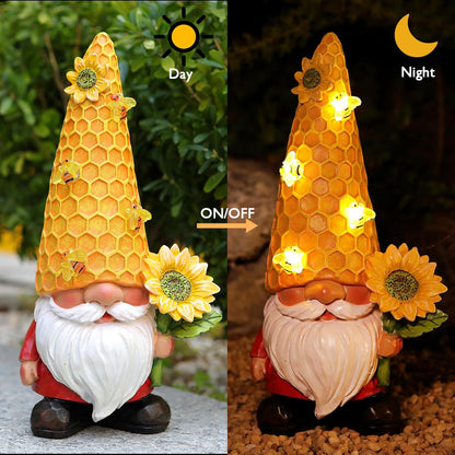 12.3''Garden Gnomes Outdoor Statues Clearance for Garden Decor with Solar Bee Lights,Christmas Gnomes Outdoor Decor - Sunflower Gifts for Women Mom,Yard Art Sculptures for Patio Lawn Yard