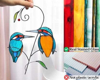 Kingfisher (1 Pair) Stained Glass Birds Suncatcher for Mom, Grandma, Women - Real Glass Window Hanging Ornament - Handmade Crafts for Bird Lover (Gifts Ready Packaging)