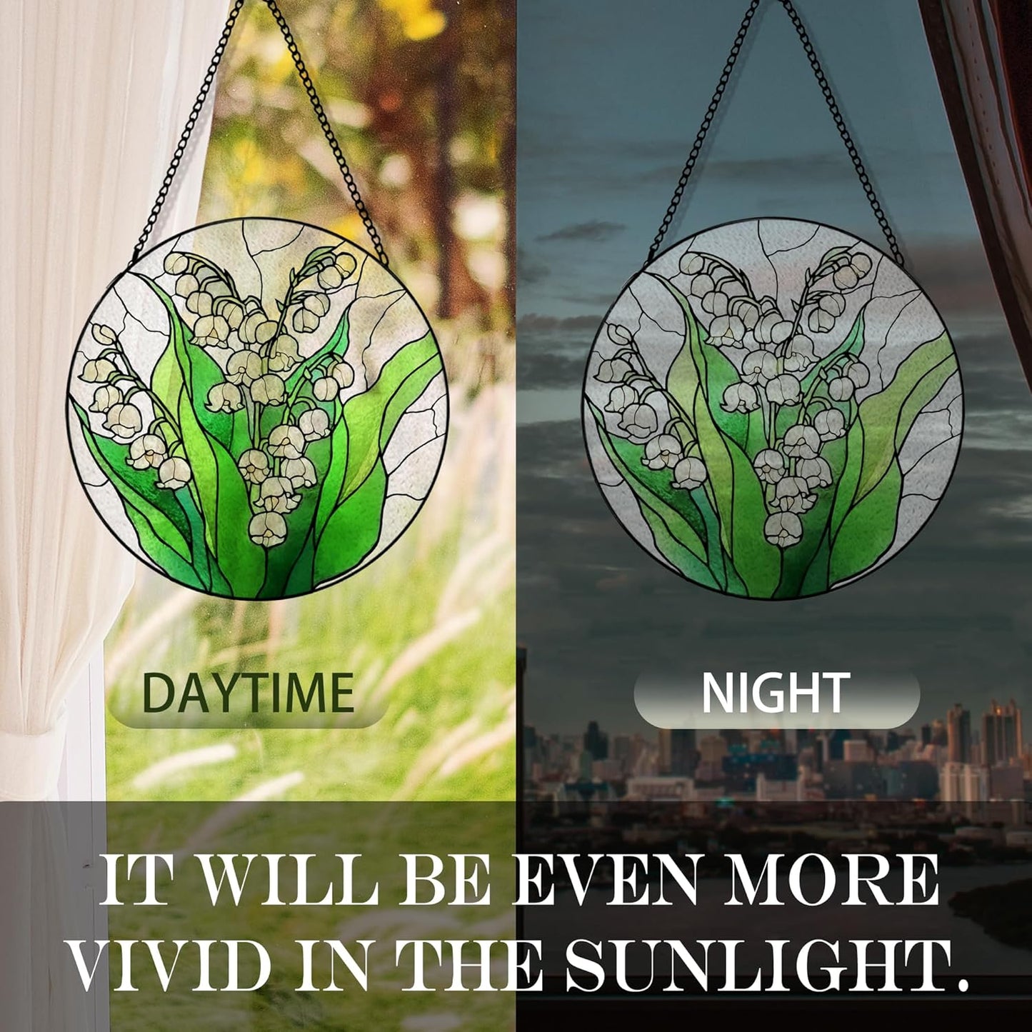 Lily of The Valley Flower Suncatcher Stained Glass Window Hanging, Lily of The Valley Sun Catchers Indoor Window Glass Round Wall Decor, Floral Wall Art Hanging Decorations, ＂7.8x7.8＂