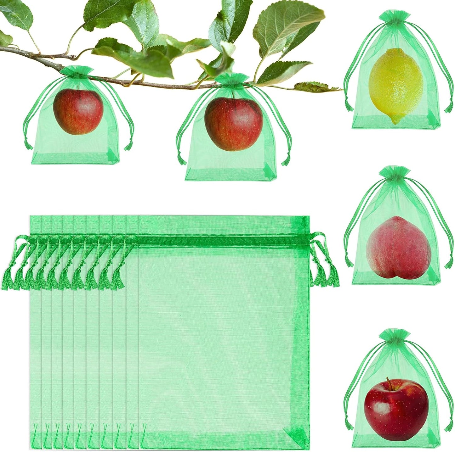 Morcheiong 60Pcs Fruit Protection Bags 6"" x 8"", Reusable Fruit Netting Bags for Fruit Trees, Garden Netting Mesh Bags with Drawstring (Dark Green), M1076MCHYB