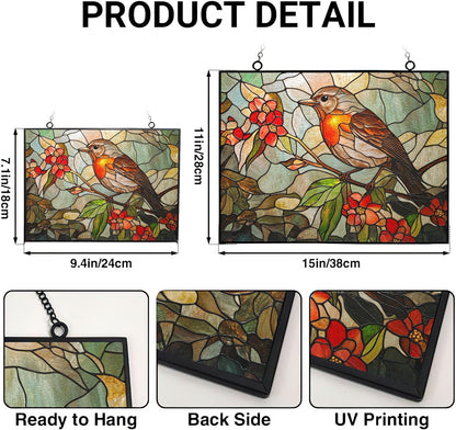 Personalized Rectangle Art Nouveau Honeysuckle Robin Stained Glass Window Hanging, Suncatcher for Women, Stained Glass Window Decor Perfect Home Décor