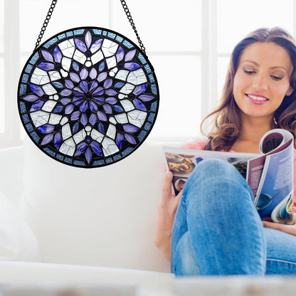 Stained Glass Window Hanging, Purple Blue Tiffany Style Flowers Sun Catcher for Window Door Home Decor Suncatcher Christmas Mother's Day Birthday Gifts for Women Men Mom Nana 15 in