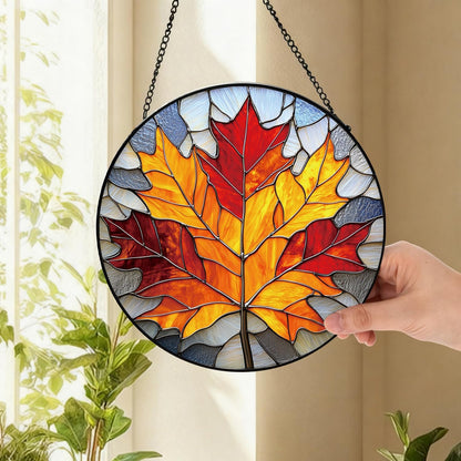 Rustic Autumn Maple Leaves Suncatcher -7.9 in Stained Glass Window Hanging Sun Catcher Garden Decor