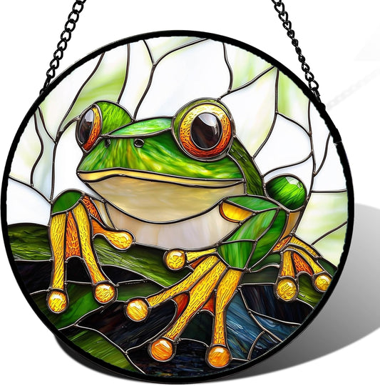 Stained Glass Window Hanging, Green Frog White Petals Sun Catchers Colorful Glass Panel Cute