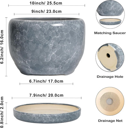 SQOWL Ceramic Pot for Plants - 10 Inch Plant Pot Indoor with Drainage Hole and Saucer, Round Ceramic Planter, Decorative Large Flower Pot Outdoor, Home Office Room Decor, Garden Gifts, Gray