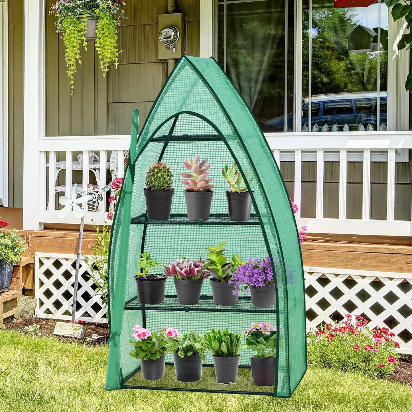 EAGLE PEAK Mini Greenhouse with Wire Shelves, Portable Indoor & Outdoor Green House with Roll-Up Zipper Door, 4 Tier, 35.4”x17.7”x63.0”, Clear/Green PE Cover