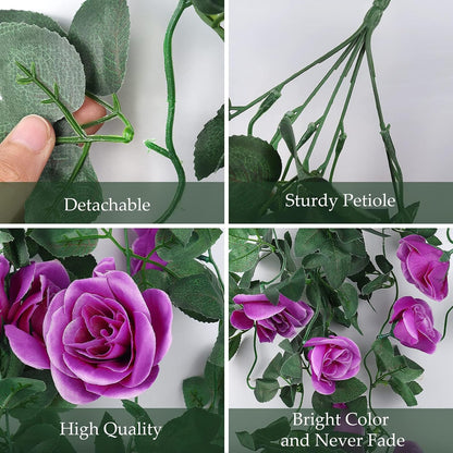 RECUTMS Artificial Hanging Rose Flower Plants Outdoor with 30 LED Fairy String Lights Fake Flowers for House Garden Patio Front Porch Indoor Decor (Purple)