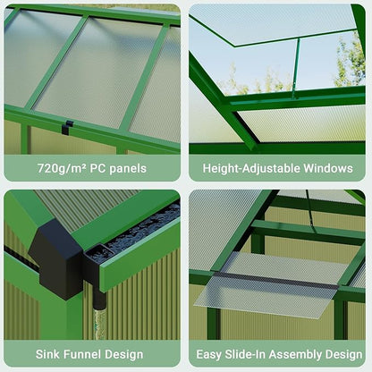 6x8 FT Greenhouse, Easy Assembly Aluminum Polycarbonate Greenhouses for Outdoors with Roof Vent, Large Aluminum Walk-in Greenhouse for Sunroom Patio, Backyard, Garden, Sliding Lockable Door, Green