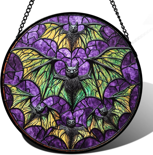 Stained Glass Window Hanging - Halloween Decorations Bats Suncatcher for Doors Garden Indoor Spooky