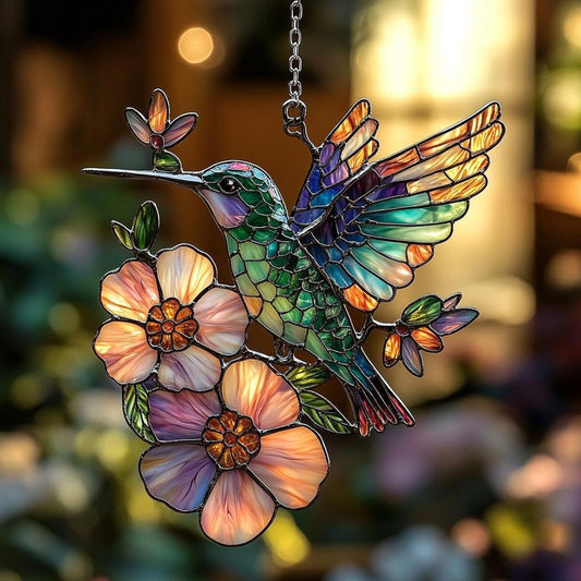 Hummingbird Window Hanging Suncatcher Faux Stained Hummingbirds and Flowers for Women Elegant Home
