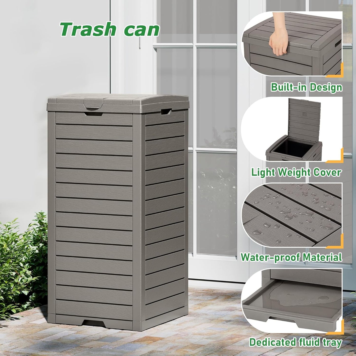 31 Gallon Outdoor Trash Can, Waterproof Resin Garbage Can with Lid and Drip Tray Easy Cleaning Kitchen Waste Bin Patio Waste Bin for Garden, Backyard, Deck and Office, Gray