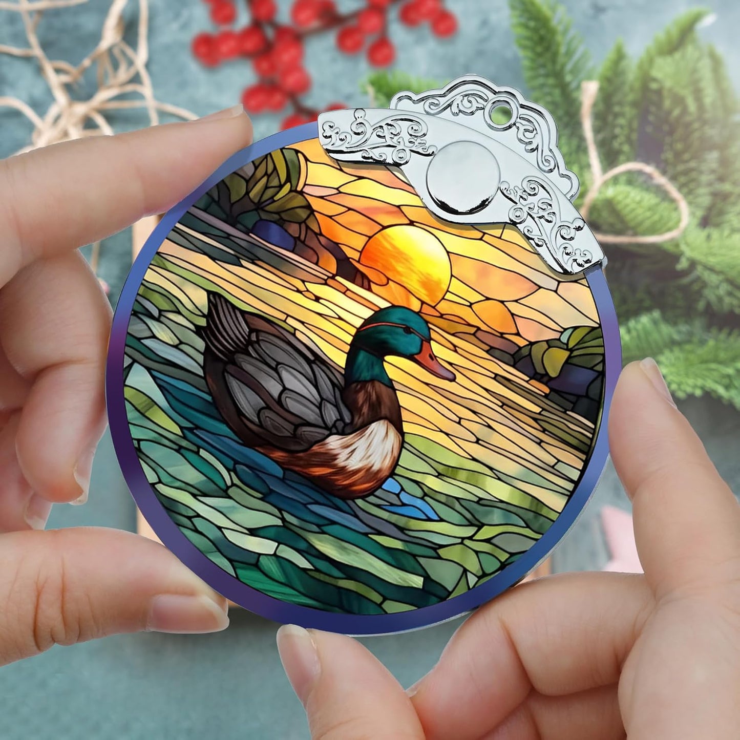 Stained Glass Christmas Ornament, Jocidea Duck Christmas Decorations, Christmas Tree Ornament, Duck Lovers Gifts, Holiday Decor and Xmas Gifts Ideas