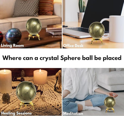 Amazing Gemstone Pyrite Crystal Ball with Stand - 2 Inches Crystal Sphere Meditation Balls for Witchcraft and Decorative Balls