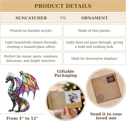 Rainbow Dragon Acrylic Suncatcher Stained Glass Effect Window Car Hanging Christmas Ornament Indoor Outdoor Decor Garden Sun Catcher Panel Gifts for Dragon Lover for Women Mom Grandma
