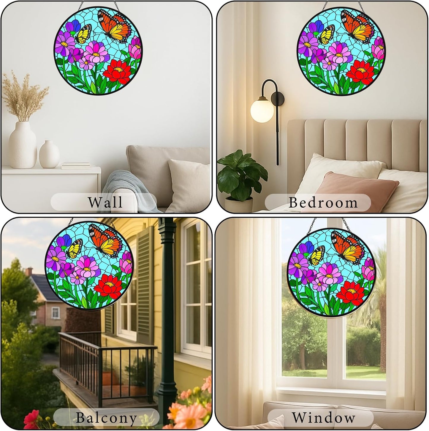 Flower Butterfly Suncatchers for Windows Hanging - 8 in Stained Glass Sun Catchers Indoor Window Decor, Suncatcher Stain Glass Window Hanging for Home, Gifts for Holiday or Wall Art