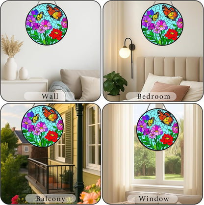 Flower Butterfly Suncatchers for Windows Hanging - 8 in Stained Glass Sun Catchers Indoor Window Decor, Suncatcher Stain Glass Window Hanging for Home, Gifts for Holiday or Wall Art