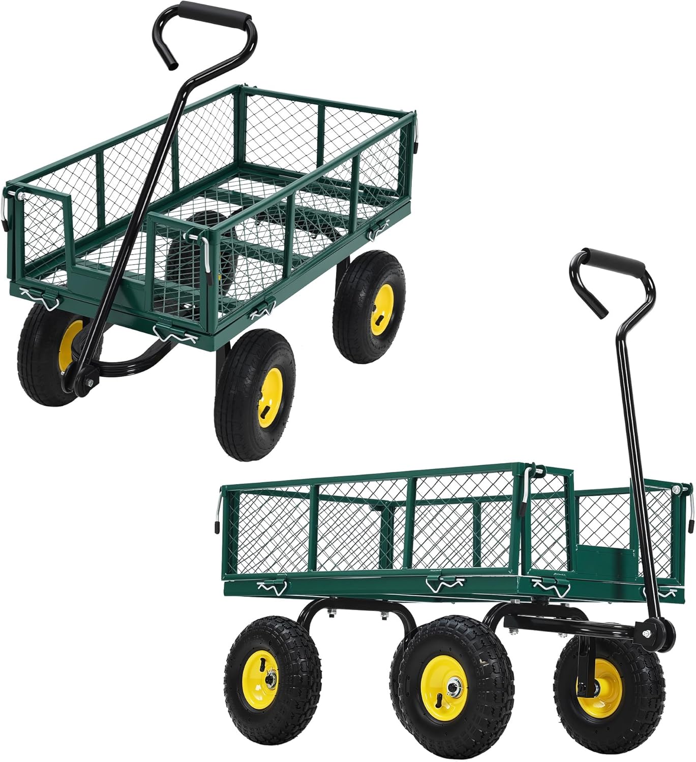 Heavy Duty Garden Cart On Wheels - 880LBS Metal Wagon with 10" Pneumatic Wheels, 180° Rotating Handle & Removable Sides - All-Terrain Yard Wagon for Farm, Beach & Outdoor Use
