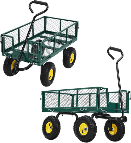 Heavy Duty Garden Cart On Wheels - 550LBS Metal Wagon with 10" Pneumatic Wheels, 180° Rotating Handle & Removable Sides - All-Terrain Yard Wagon for Farm, Beach & Outdoor Use