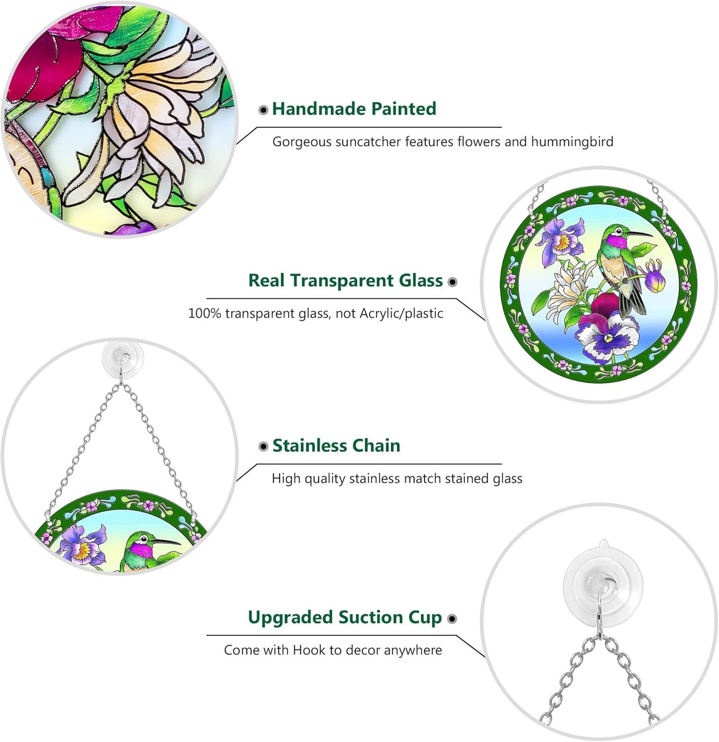 Hummingbird Stained Glass Suncatcher 6" Round, Window Hanging with Chain & Hook, Gift-Boxed Floral Bird Window Decor, Gift for Mom & Grandma