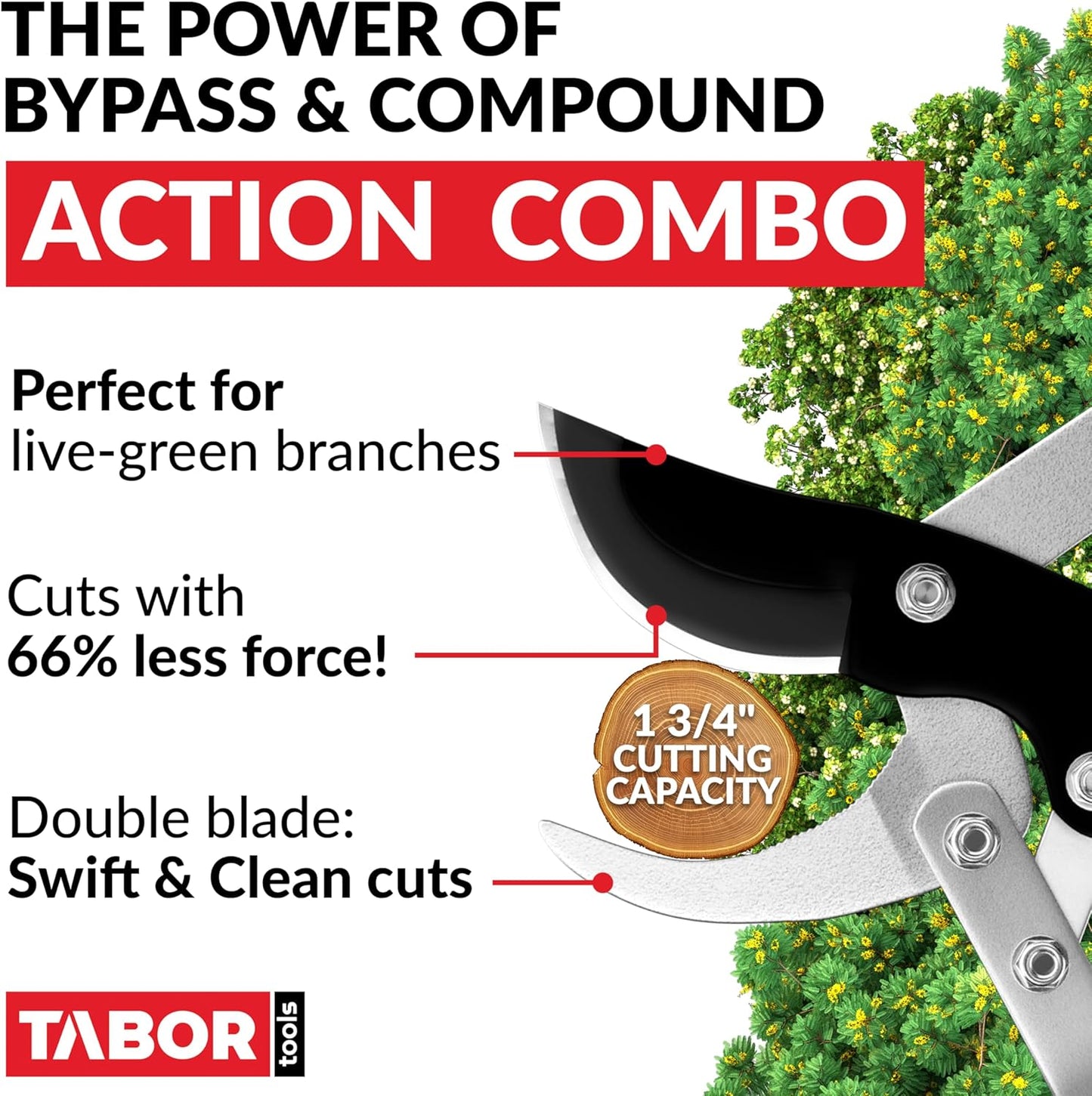 TABOR TOOLS GG11A Bypass Lopper with Compound Action, 30 Inch Tree Trimmer, Branch Cutter with ⌀ 1 3/4 Inch Cutting Capacity, Delivers Clean Cuts with Ease.