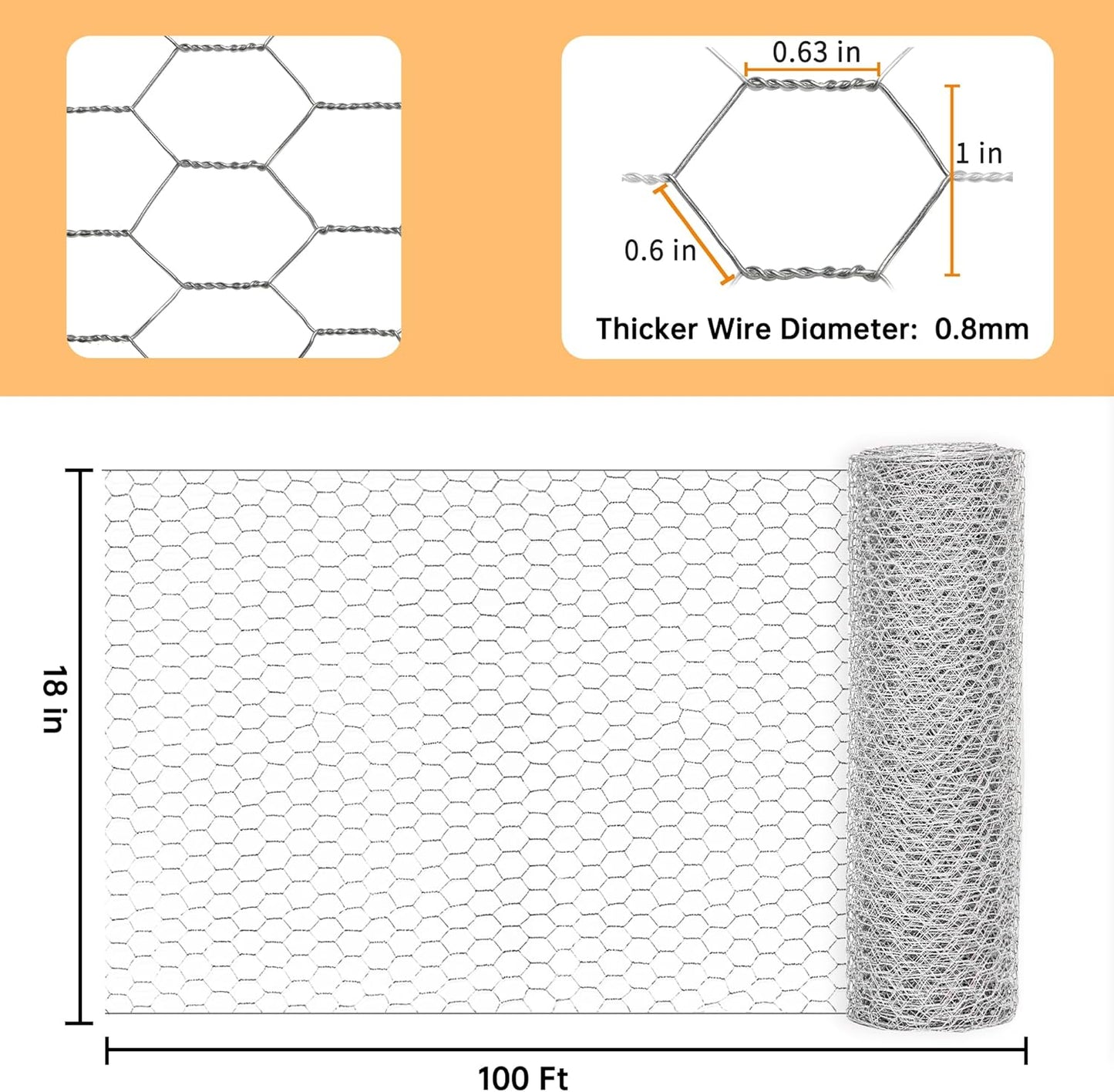 Sliver Chicken Wire 18 inch(H) x 100 ft(L), Anti-Rust Hexagonal Galvanized Metal Garden Netting for Floral Arrangements, Powder Coated Chicken Wire Coop for Crafts Plant Protector Pet Rabbits Fencing
