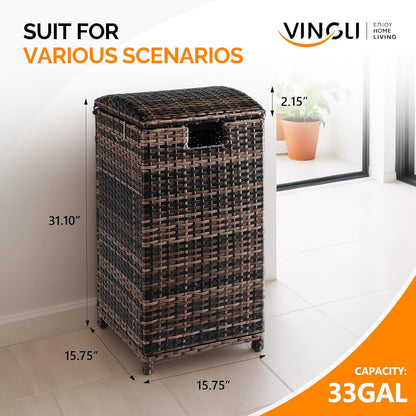 VINGLI 33 Gallon Outdoor Trash Can with Convenient Lid, Rattan Garbage Container with Side Hook, Weatherproof Patio Trash Can for Graden, Yard, Patio, Brown