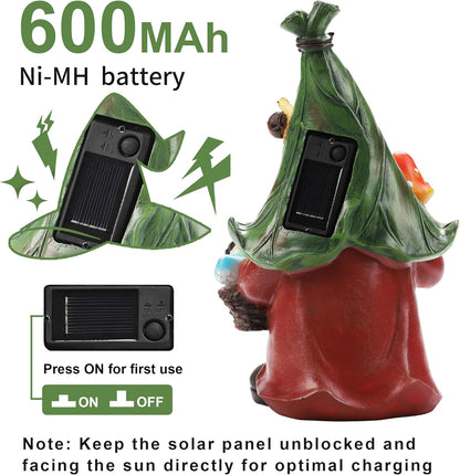 Gnome Solar Garden Statue with 3 LED Lights, Mushroom-Picking Gnome Statue Outdoor Decor for Patio, Yard, Balcony, Lawn Ornament, Unique Gift for Mom
