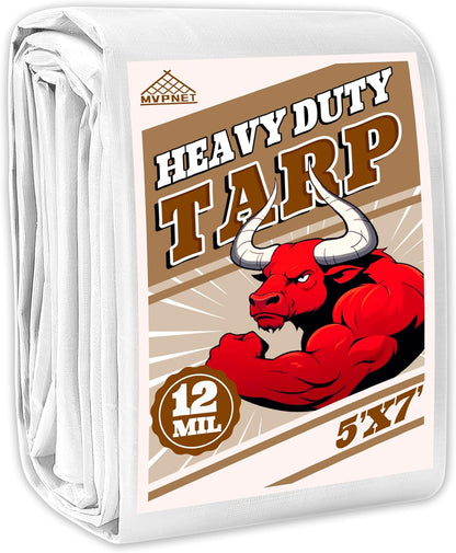 Tarp 5x7 ft Heavy Duty 12mil 100% Waterproof High Durability Multipurpose,Uv Resistant,White Tarp Suitable for Swimming Pools, Boats, Camping, Courtyards, Etc -by MVPNET