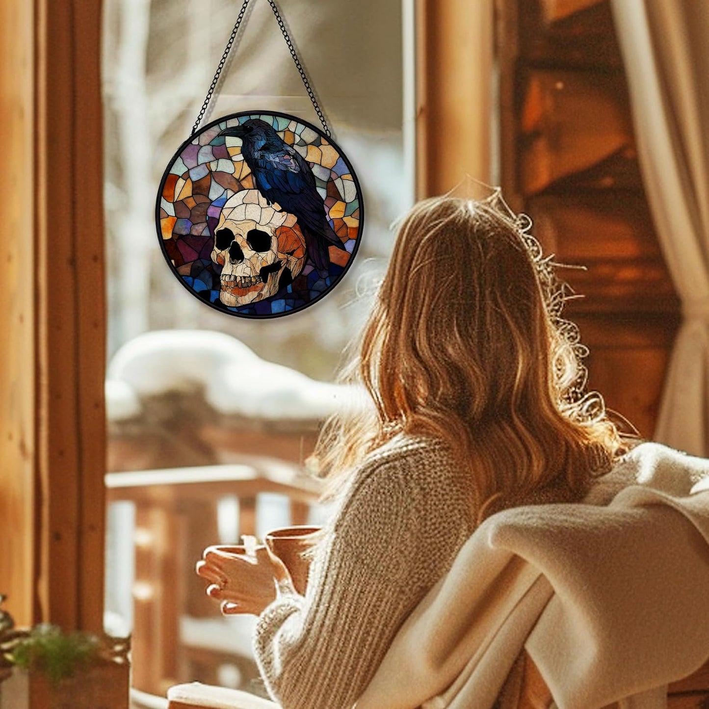 Black Raven Halloween Suncatcher Stained Glass Window Hanging, Gothic Skull Black Crow Sun Catchers Indoor Window Glass Round Wall Decor, Halloween Raven Wall Art Hanging Decorations, ＂7.8x7.8＂