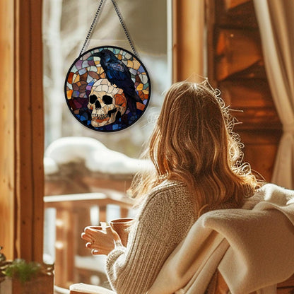 Black Raven Halloween Suncatcher Stained Glass Window Hanging, Gothic Skull Black Crow Sun Catchers Indoor Window Glass Round Wall Decor, Halloween Raven Wall Art Hanging Decorations, ＂7.8x7.8＂