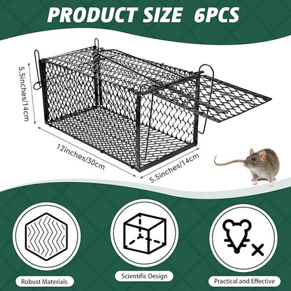 Qualirey 6 Pcs Humane Rat Trap Small Chipmunk Mouse Squirrel Cage Rodent Animal Voles Hamsters Cage Catch and Release Trap for Home Garden Indoor Outdoor(Black,12 x 5.5 x 5.5 Inch)