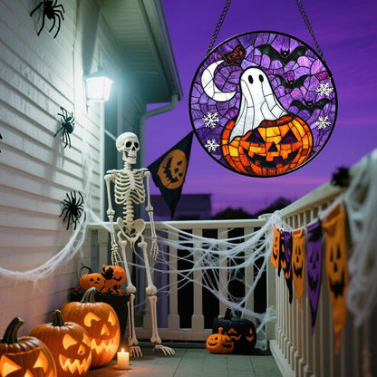 Stained Glass Window Hanging Halloween Horror Pumpkin 6.3" - Suncatcher Door Garden Sunroom Gothic Style Ghost Bat Sun Catcher Birthday for Friend Mom Men Woman Nana