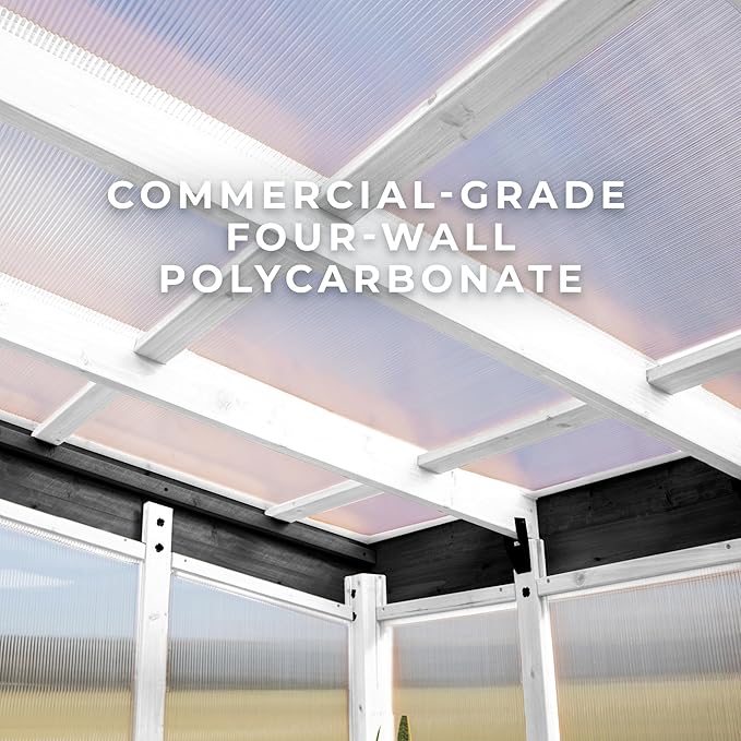 Backyard Discovery Willow 9' x 6' White Cedar Wood and Polycarbonate Walk-in Greenhouse Kit with Exhaust Fan, Windows, Hose Hook-Ups, PowerPort, Staging Shelves for Year-Round Outdoor Gardening