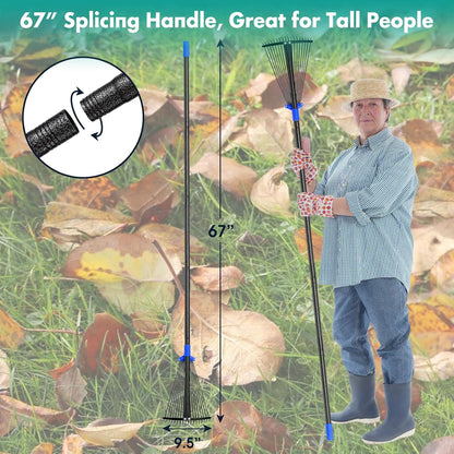 Rake, Leaf Rake with Expandable Head,18 Teeth, Adjustable 53 Inch Long Handle, 17 Inch Wide, Heavy Duty Collapsible Yard Rakes for Lawn Flowers Beds Gardening